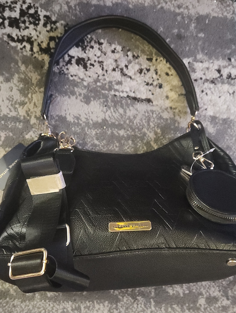 Adrienne Vittadini Black Leather Shoulder Bag with Coin Pouch